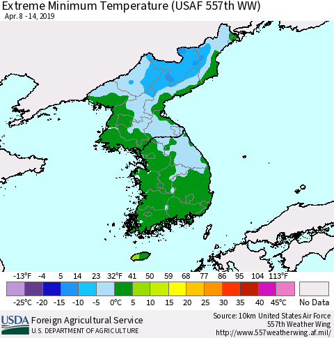 Korea Minimum Daily Temperature (USAF 557th WW) Thematic Map For 4/8/2019 - 4/14/2019