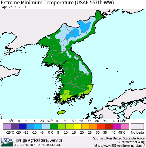 Korea Minimum Daily Temperature (USAF 557th WW) Thematic Map For 4/22/2019 - 4/28/2019