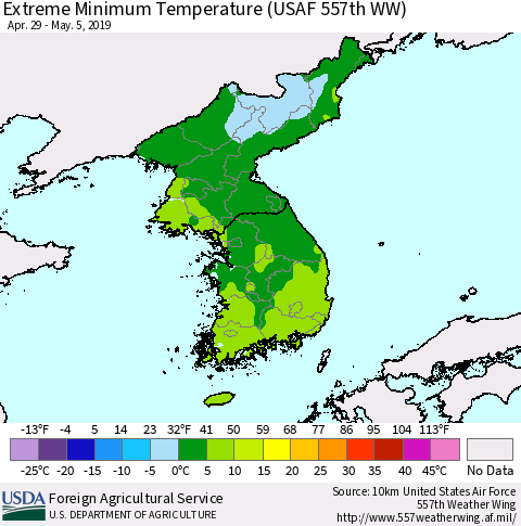 Korea Minimum Daily Temperature (USAF 557th WW) Thematic Map For 4/29/2019 - 5/5/2019