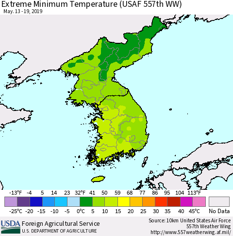 Korea Minimum Daily Temperature (USAF 557th WW) Thematic Map For 5/13/2019 - 5/19/2019