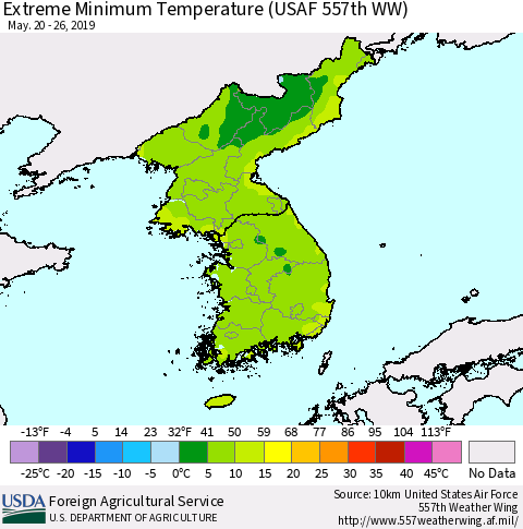 Korea Minimum Daily Temperature (USAF 557th WW) Thematic Map For 5/20/2019 - 5/26/2019