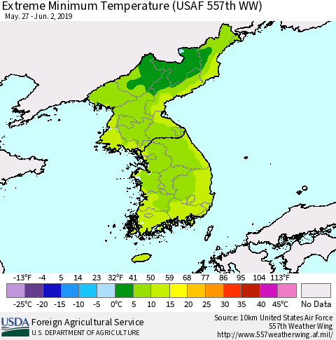 Korea Minimum Daily Temperature (USAF 557th WW) Thematic Map For 5/27/2019 - 6/2/2019