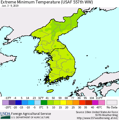 Korea Minimum Daily Temperature (USAF 557th WW) Thematic Map For 6/3/2019 - 6/9/2019
