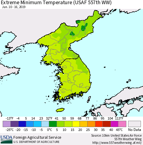 Korea Minimum Daily Temperature (USAF 557th WW) Thematic Map For 6/10/2019 - 6/16/2019