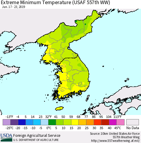 Korea Minimum Daily Temperature (USAF 557th WW) Thematic Map For 6/17/2019 - 6/23/2019