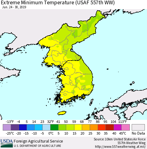 Korea Minimum Daily Temperature (USAF 557th WW) Thematic Map For 6/24/2019 - 6/30/2019