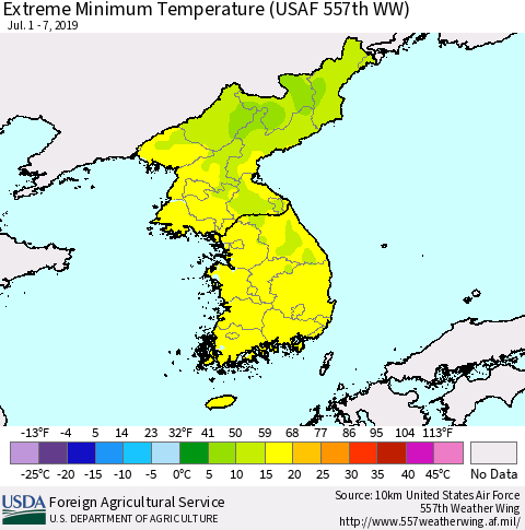 Korea Minimum Daily Temperature (USAF 557th WW) Thematic Map For 7/1/2019 - 7/7/2019