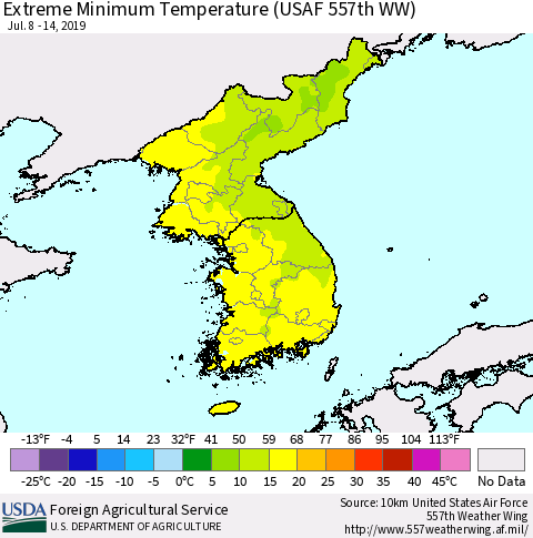Korea Minimum Daily Temperature (USAF 557th WW) Thematic Map For 7/8/2019 - 7/14/2019