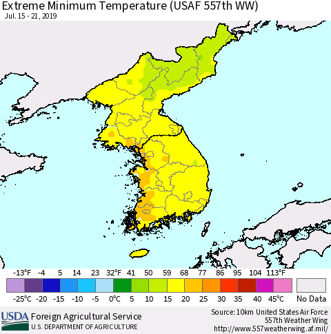 Korea Minimum Daily Temperature (USAF 557th WW) Thematic Map For 7/15/2019 - 7/21/2019