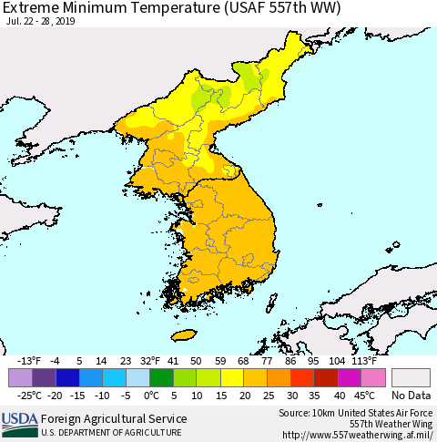 Korea Minimum Daily Temperature (USAF 557th WW) Thematic Map For 7/22/2019 - 7/28/2019