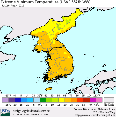 Korea Minimum Daily Temperature (USAF 557th WW) Thematic Map For 7/29/2019 - 8/4/2019