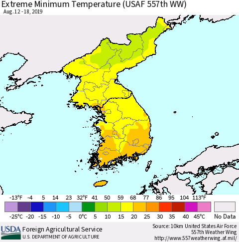 Korea Minimum Daily Temperature (USAF 557th WW) Thematic Map For 8/12/2019 - 8/18/2019