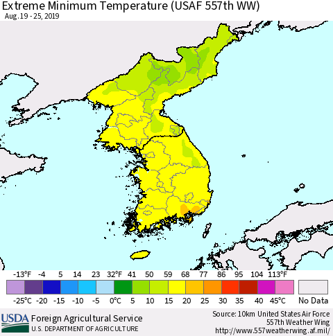 Korea Minimum Daily Temperature (USAF 557th WW) Thematic Map For 8/19/2019 - 8/25/2019