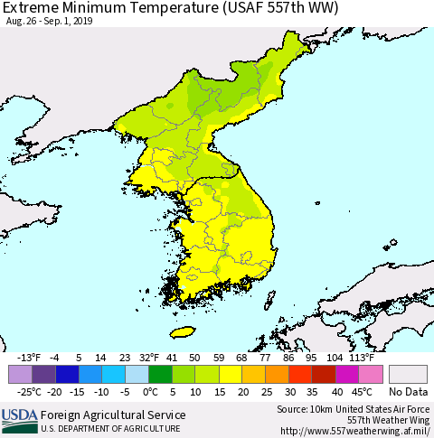 Korea Minimum Daily Temperature (USAF 557th WW) Thematic Map For 8/26/2019 - 9/1/2019