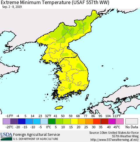 Korea Minimum Daily Temperature (USAF 557th WW) Thematic Map For 9/2/2019 - 9/8/2019