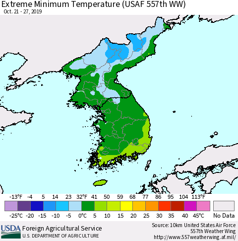 Korea Minimum Daily Temperature (USAF 557th WW) Thematic Map For 10/21/2019 - 10/27/2019
