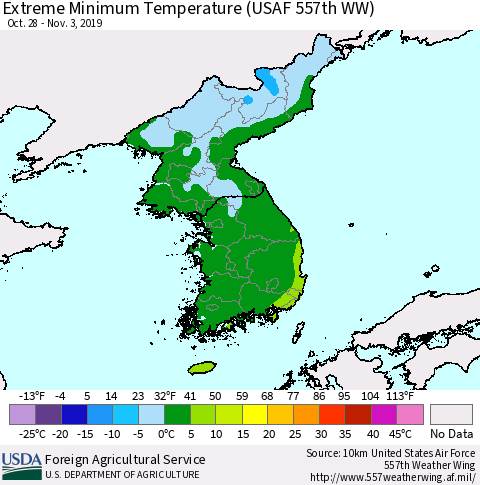 Korea Minimum Daily Temperature (USAF 557th WW) Thematic Map For 10/28/2019 - 11/3/2019