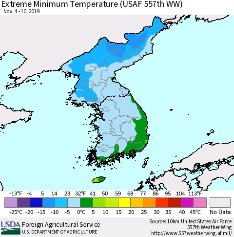 Korea Minimum Daily Temperature (USAF 557th WW) Thematic Map For 11/4/2019 - 11/10/2019