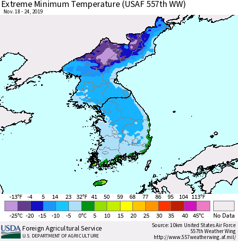 Korea Minimum Daily Temperature (USAF 557th WW) Thematic Map For 11/18/2019 - 11/24/2019