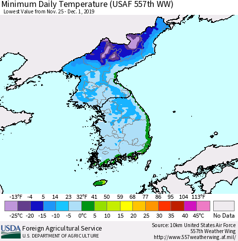 Korea Minimum Daily Temperature (USAF 557th WW) Thematic Map For 11/25/2019 - 12/1/2019
