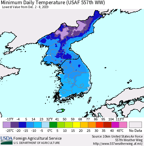 Korea Minimum Daily Temperature (USAF 557th WW) Thematic Map For 12/2/2019 - 12/8/2019