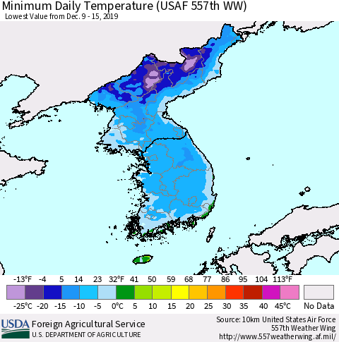 Korea Minimum Daily Temperature (USAF 557th WW) Thematic Map For 12/9/2019 - 12/15/2019