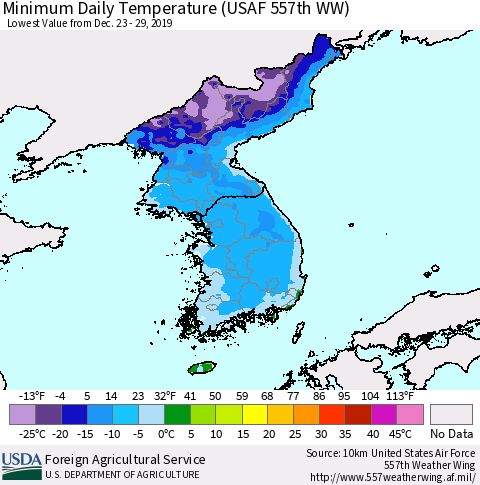 Korea Minimum Daily Temperature (USAF 557th WW) Thematic Map For 12/23/2019 - 12/29/2019