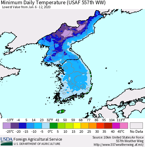 Korea Minimum Daily Temperature (USAF 557th WW) Thematic Map For 1/6/2020 - 1/12/2020