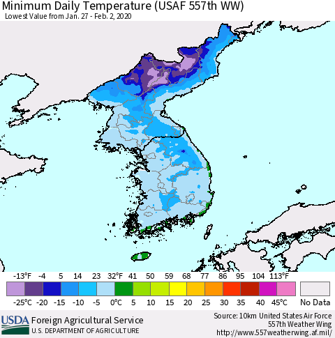 Korea Minimum Daily Temperature (USAF 557th WW) Thematic Map For 1/27/2020 - 2/2/2020