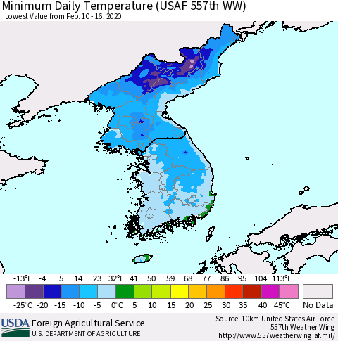 Korea Minimum Daily Temperature (USAF 557th WW) Thematic Map For 2/10/2020 - 2/16/2020