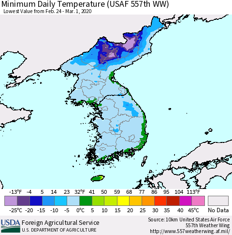 Korea Minimum Daily Temperature (USAF 557th WW) Thematic Map For 2/24/2020 - 3/1/2020