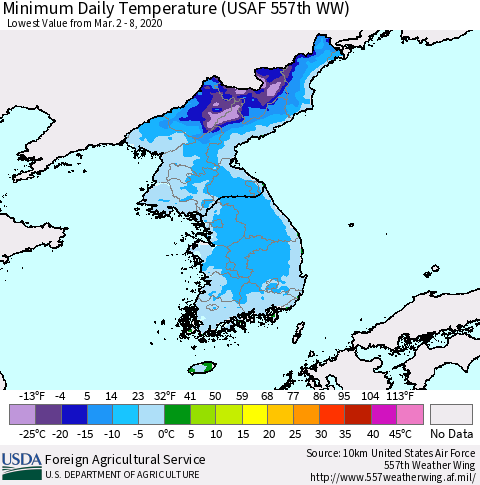 Korea Minimum Daily Temperature (USAF 557th WW) Thematic Map For 3/2/2020 - 3/8/2020
