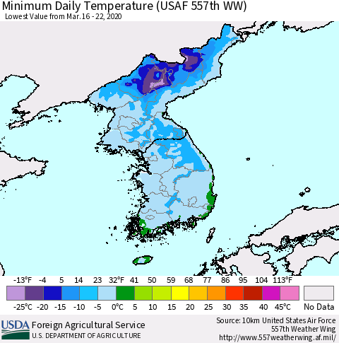Korea Minimum Daily Temperature (USAF 557th WW) Thematic Map For 3/16/2020 - 3/22/2020