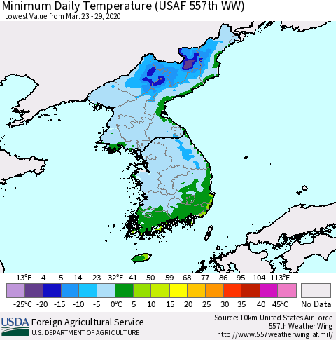 Korea Minimum Daily Temperature (USAF 557th WW) Thematic Map For 3/23/2020 - 3/29/2020