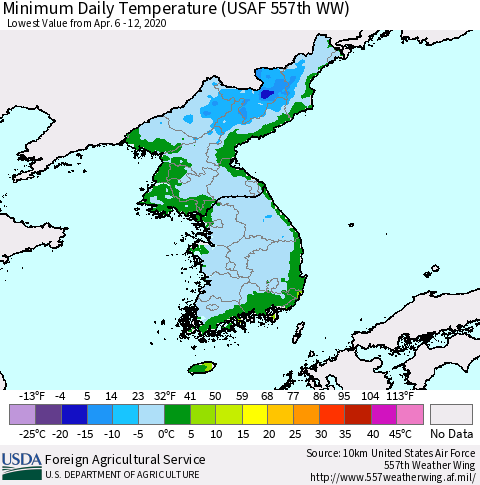 Korea Minimum Daily Temperature (USAF 557th WW) Thematic Map For 4/6/2020 - 4/12/2020