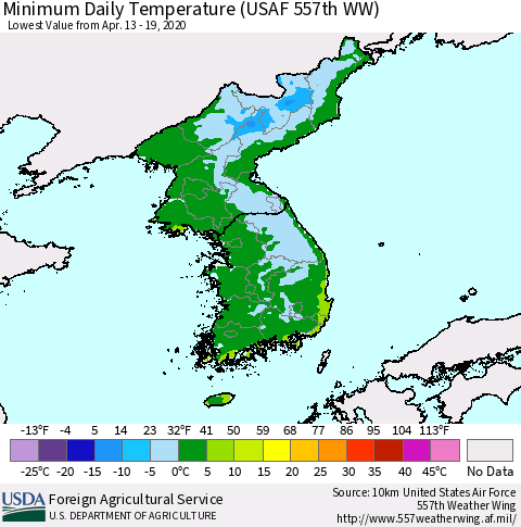 Korea Minimum Daily Temperature (USAF 557th WW) Thematic Map For 4/13/2020 - 4/19/2020