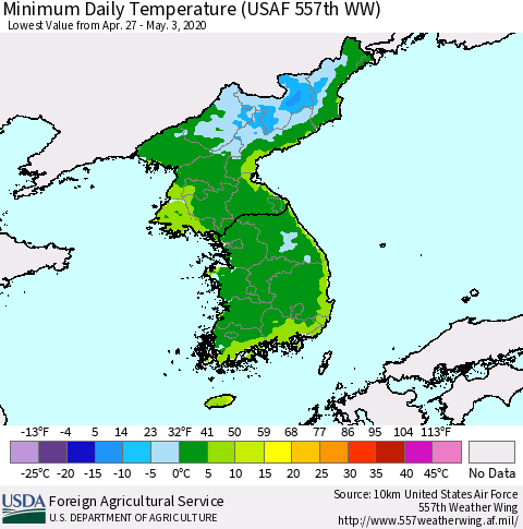 Korea Minimum Daily Temperature (USAF 557th WW) Thematic Map For 4/27/2020 - 5/3/2020
