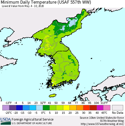 Korea Minimum Daily Temperature (USAF 557th WW) Thematic Map For 5/4/2020 - 5/10/2020