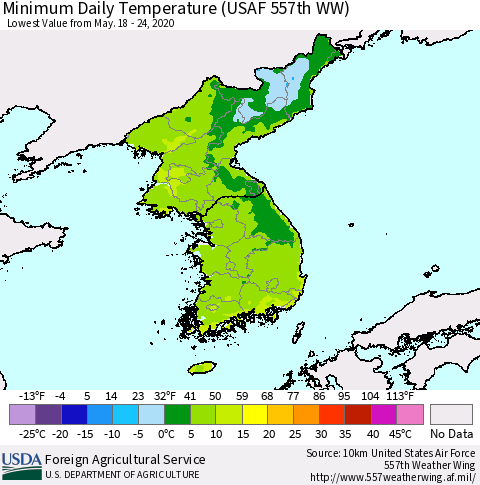 Korea Minimum Daily Temperature (USAF 557th WW) Thematic Map For 5/18/2020 - 5/24/2020