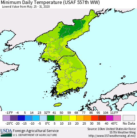 Korea Minimum Daily Temperature (USAF 557th WW) Thematic Map For 5/25/2020 - 5/31/2020