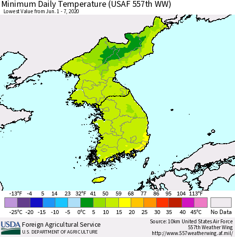 Korea Minimum Daily Temperature (USAF 557th WW) Thematic Map For 6/1/2020 - 6/7/2020