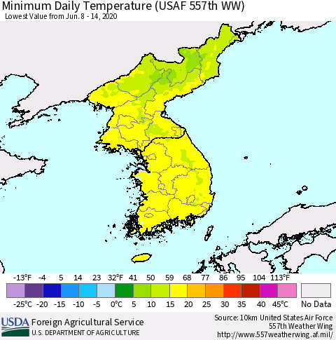 Korea Minimum Daily Temperature (USAF 557th WW) Thematic Map For 6/8/2020 - 6/14/2020