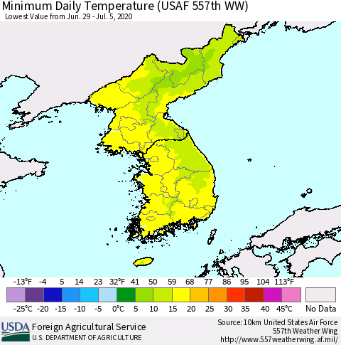 Korea Minimum Daily Temperature (USAF 557th WW) Thematic Map For 6/29/2020 - 7/5/2020