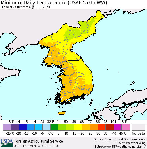 Korea Minimum Daily Temperature (USAF 557th WW) Thematic Map For 8/3/2020 - 8/9/2020
