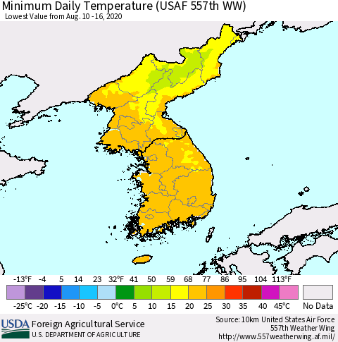 Korea Minimum Daily Temperature (USAF 557th WW) Thematic Map For 8/10/2020 - 8/16/2020