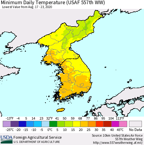 Korea Minimum Daily Temperature (USAF 557th WW) Thematic Map For 8/17/2020 - 8/23/2020