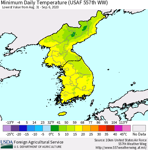 Korea Minimum Daily Temperature (USAF 557th WW) Thematic Map For 8/31/2020 - 9/6/2020