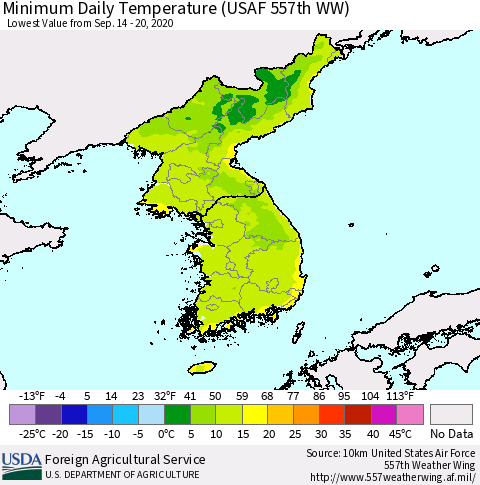 Korea Minimum Daily Temperature (USAF 557th WW) Thematic Map For 9/14/2020 - 9/20/2020