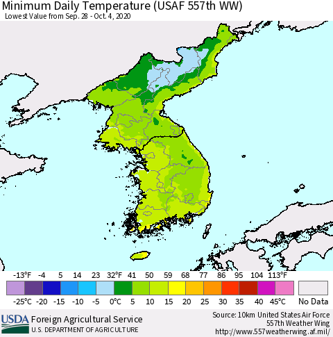 Korea Minimum Daily Temperature (USAF 557th WW) Thematic Map For 9/28/2020 - 10/4/2020