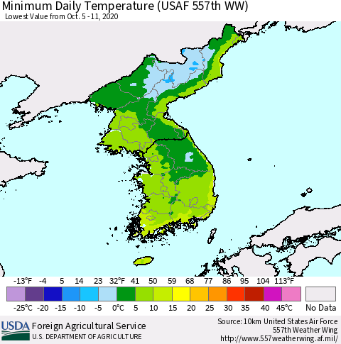 Korea Minimum Daily Temperature (USAF 557th WW) Thematic Map For 10/5/2020 - 10/11/2020